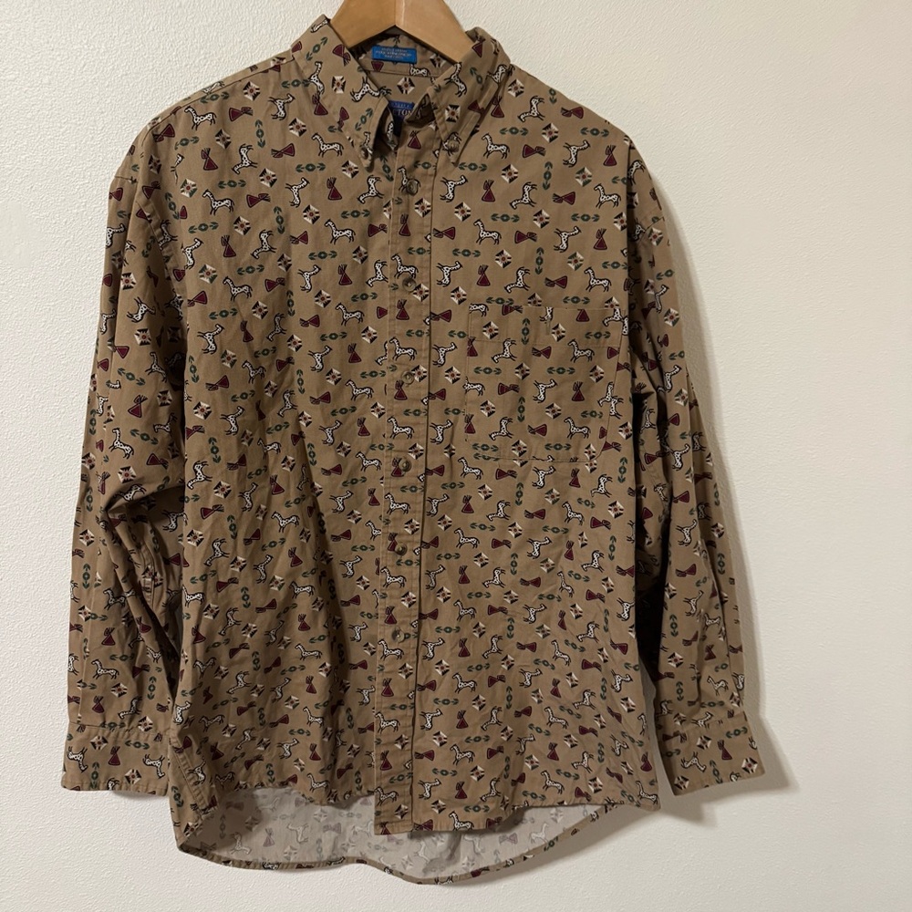 Pendleton Western Southwestern Print Button Down Shirt Tan Long Sleeve Cotton-L